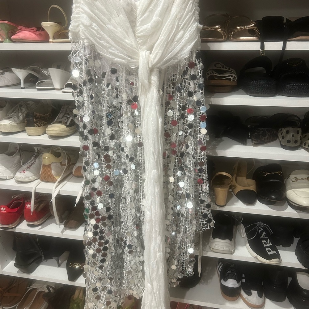 SIEDRES White Maxi Skirt with Silver Sequin Fringe